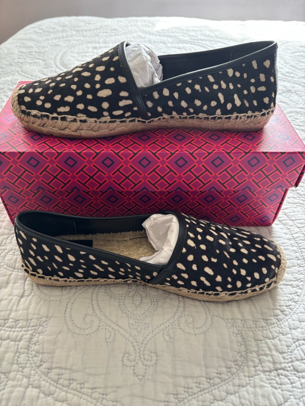 Tory Burch Black and Cream McKenzie dotted pony print Espadrille Flats